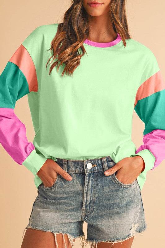 Dark Blue Color Block Sleeve Loose Fit Top - Shop Style & More | Fresh Looks, Everyday Deals & Free Shipping