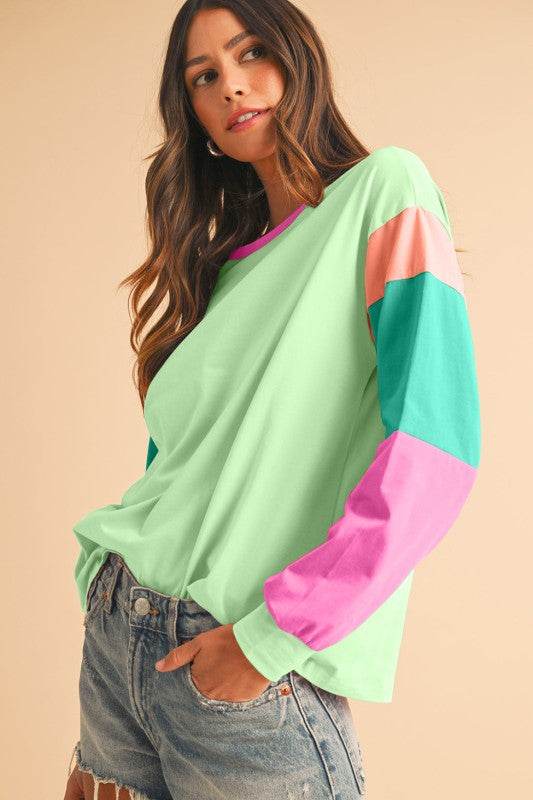 Dark Blue Color Block Sleeve Loose Fit Top - Shop Style & More | Fresh Looks, Everyday Deals & Free Shipping
