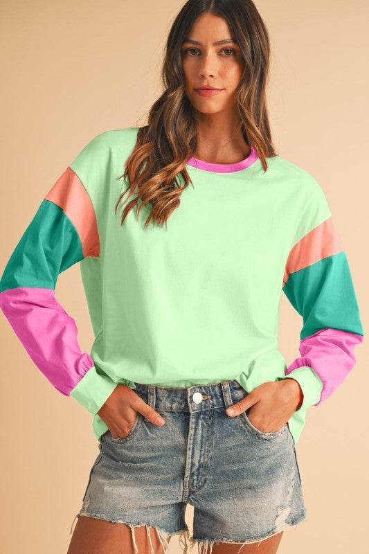 Dark Blue Color Block Sleeve Loose Fit Top - Shop Style & More | Fresh Looks, Everyday Deals & Free Shipping