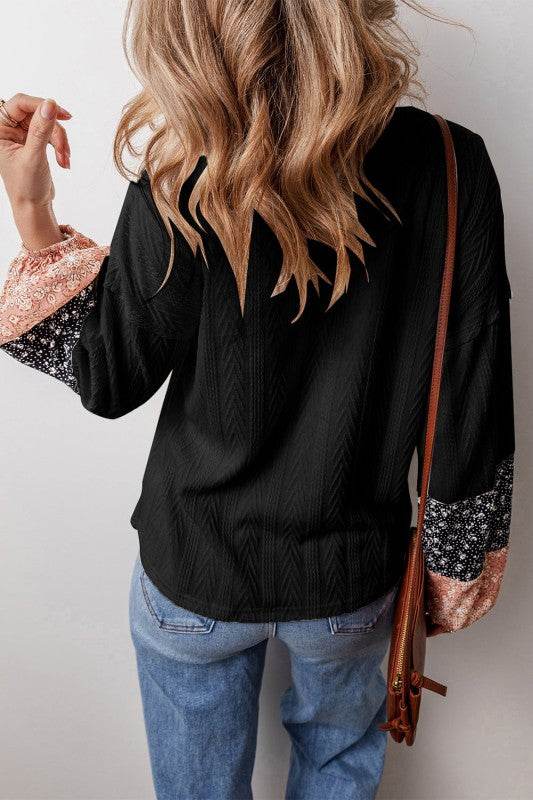 Cable knit print floral patch balloon blouse - Shop Style & More | Fresh Looks, Everyday Deals & Free Shipping