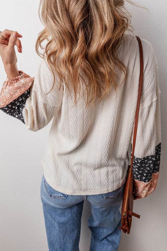 Cable knit print floral patch balloon blouse - Shop Style & More | Fresh Looks, Everyday Deals & Free Shipping