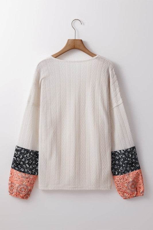 Cable knit print floral patch balloon blouse - Shop Style & More | Fresh Looks, Everyday Deals & Free Shipping