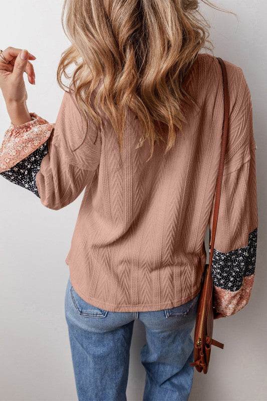 Cable knit print floral patch balloon blouse - Shop Style & More | Fresh Looks, Everyday Deals & Free Shipping