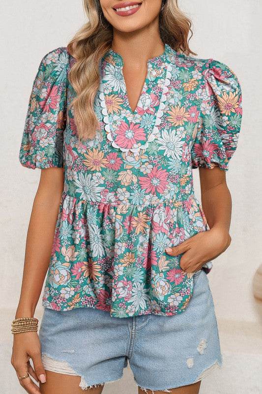 floral ruffle bottom puff sleeve blouse - Shop Style & More | Fresh Looks, Everyday Deals & Free Shipping
