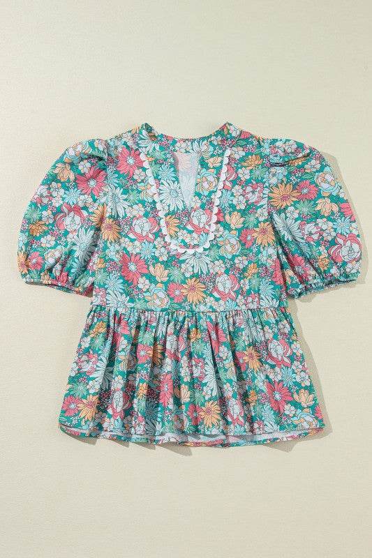 floral ruffle bottom puff sleeve blouse - Shop Style & More | Fresh Looks, Everyday Deals & Free Shipping