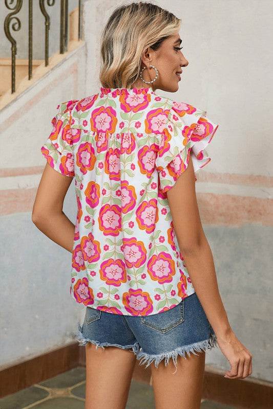Floral Sleeve Ric-rac Trim Split Neck Loose Blouse - Shop Style & More | Fresh Looks, Everyday Deals & Free Shipping