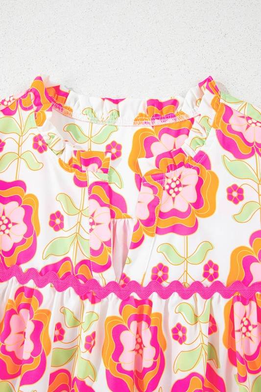 Floral Sleeve Ric-rac Trim Split Neck Loose Blouse - Shop Style & More | Fresh Looks, Everyday Deals & Free Shipping