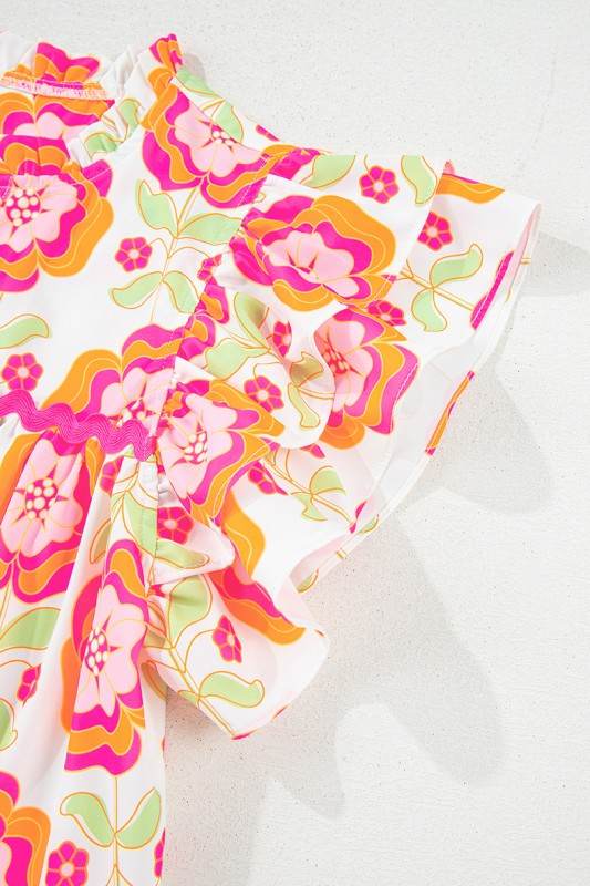 Floral Sleeve Ric-rac Trim Split Neck Loose Blouse - Shop Style & More | Fresh Looks, Everyday Deals & Free Shipping