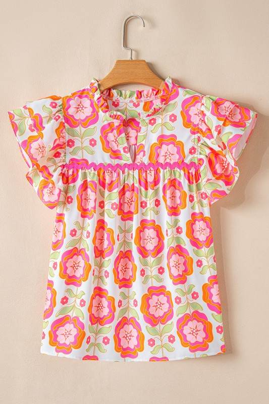 Floral Sleeve Ric-rac Trim Split Neck Loose Blouse - Shop Style & More | Fresh Looks, Everyday Deals & Free Shipping