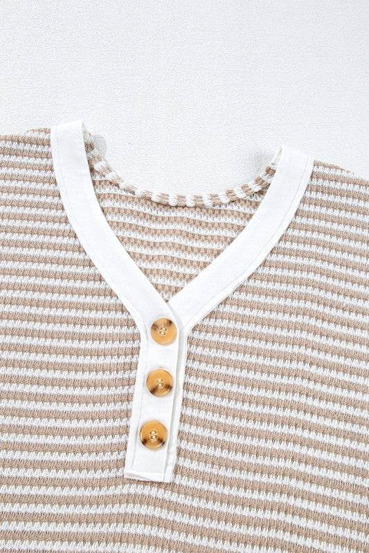Khaki Stripe Buttoned Front V Neck Knitted T Shirt - Shop Style & More | Fresh Looks, Everyday Deals & Free Shipping