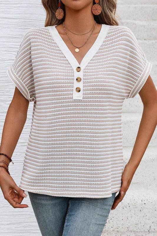 Khaki Stripe Buttoned Front V Neck Knitted T Shirt - Shop Style & More | Fresh Looks, Everyday Deals & Free Shipping