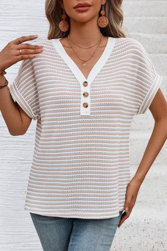 Khaki Stripe Buttoned Front V Neck Knitted T Shirt - Shop Style & More | Fresh Looks, Everyday Deals & Free Shipping