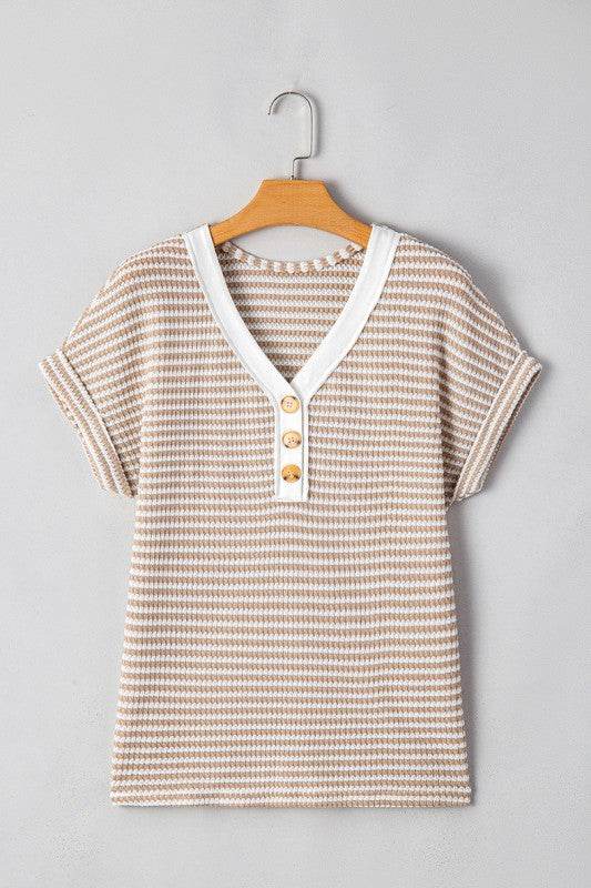 Khaki Stripe Buttoned Front V Neck Knitted T Shirt - Shop Style & More | Fresh Looks, Everyday Deals & Free Shipping