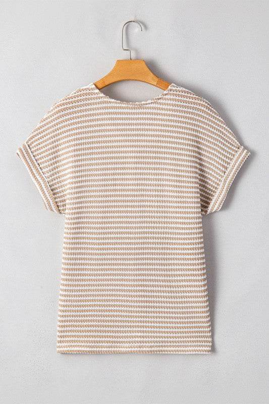 Khaki Stripe Buttoned Front V Neck Knitted T Shirt - Shop Style & More | Fresh Looks, Everyday Deals & Free Shipping