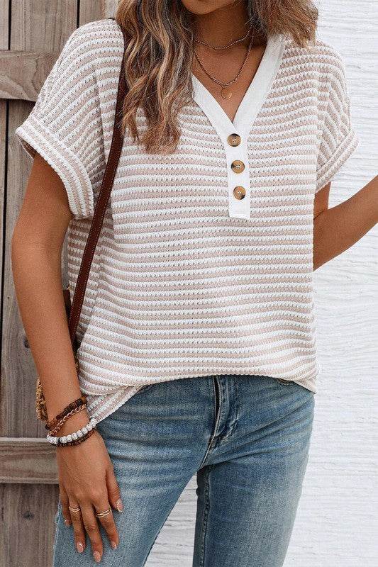 Khaki Stripe Buttoned Front V Neck Knitted T Shirt - Shop Style & More | Fresh Looks, Everyday Deals & Free Shipping