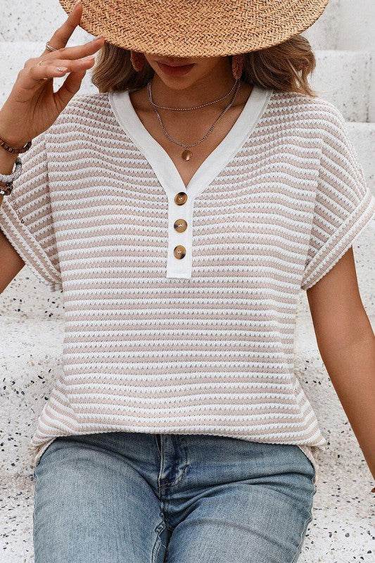 Khaki Stripe Buttoned Front V Neck Knitted T Shirt - Shop Style & More | Fresh Looks, Everyday Deals & Free Shipping
