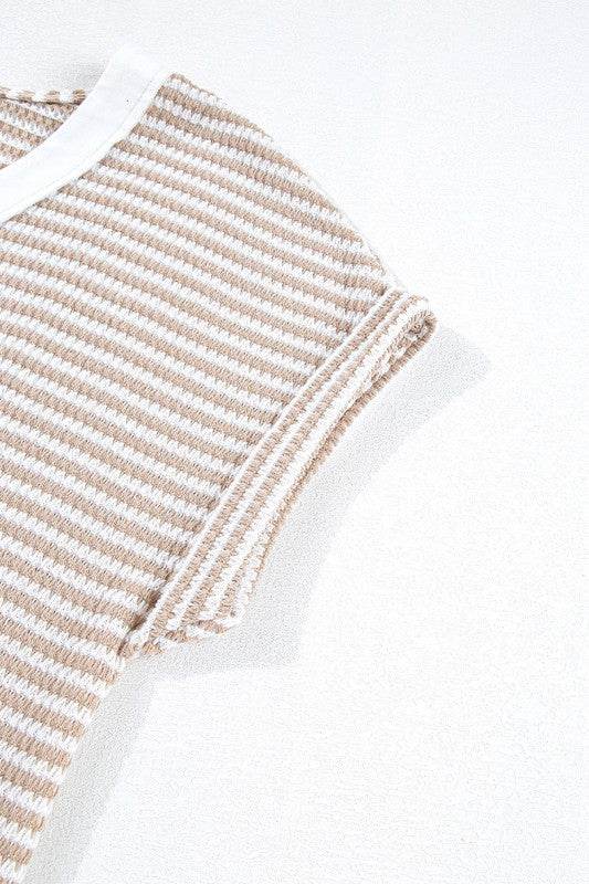 Khaki Stripe Buttoned Front V Neck Knitted T Shirt - Shop Style & More | Fresh Looks, Everyday Deals & Free Shipping