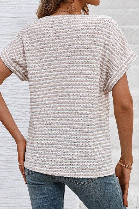 Khaki Stripe Buttoned Front V Neck Knitted T Shirt - Shop Style & More | Fresh Looks, Everyday Deals & Free Shipping