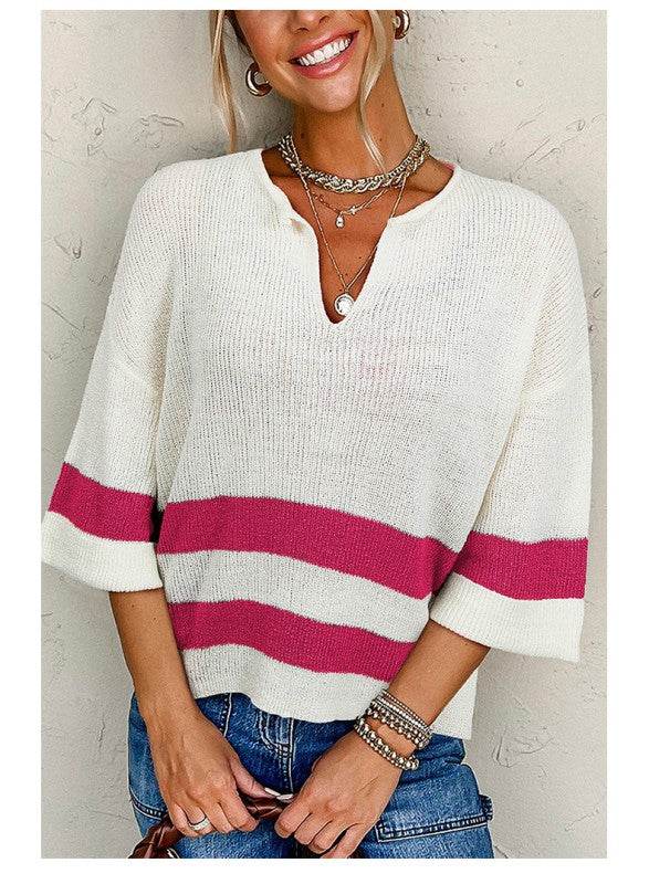 Striped Notched V Neck Cropped Sweater T Shirt - Shop Style & More | Fresh Looks, Everyday Deals & Free Shipping