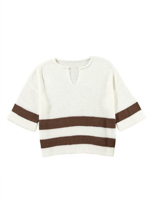 Striped Notched V Neck Cropped Sweater T Shirt - Shop Style & More | Fresh Looks, Everyday Deals & Free Shipping