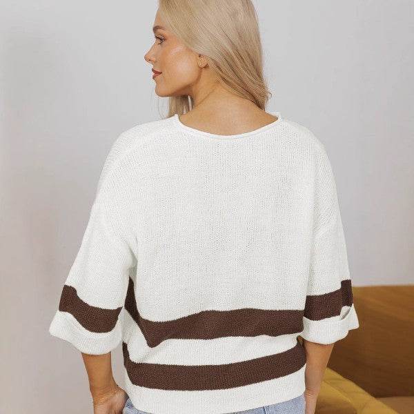 Striped Notched V Neck Cropped Sweater T Shirt - Shop Style & More | Fresh Looks, Everyday Deals & Free Shipping