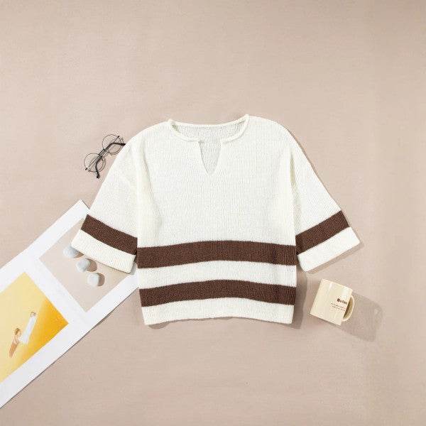 Striped Notched V Neck Cropped Sweater T Shirt - Shop Style & More | Fresh Looks, Everyday Deals & Free Shipping