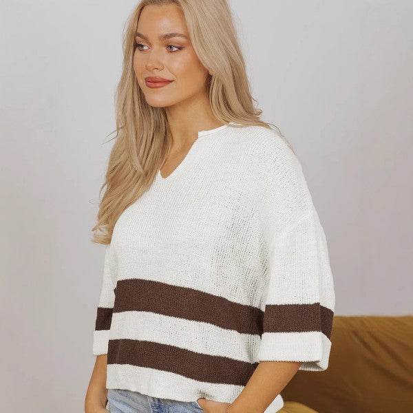 Striped Notched V Neck Cropped Sweater T Shirt - Shop Style & More | Fresh Looks, Everyday Deals & Free Shipping