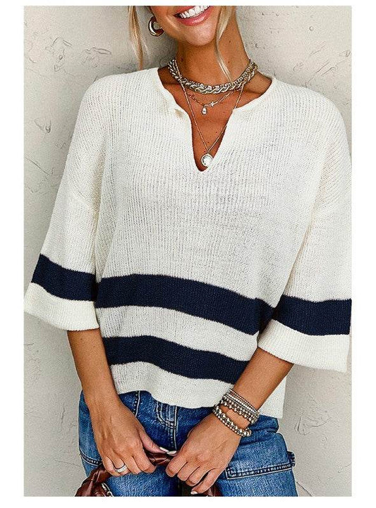 Striped Notched V Neck Cropped Sweater T Shirt - Shop Style & More | Fresh Looks, Everyday Deals & Free Shipping