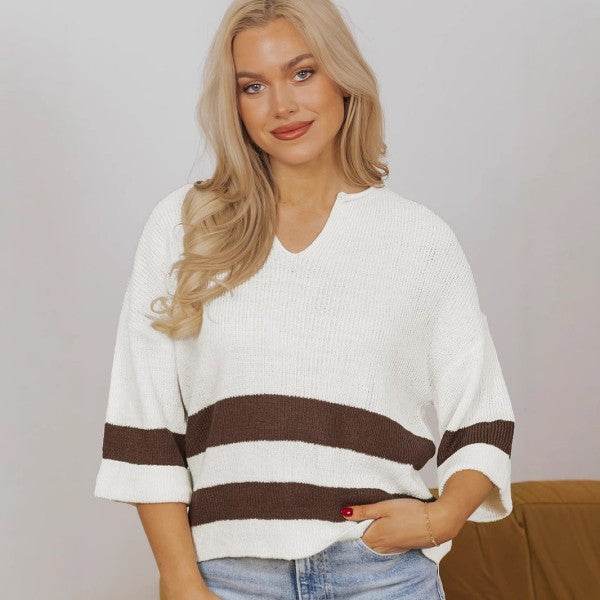 Striped Notched V Neck Cropped Sweater T Shirt - Shop Style & More | Fresh Looks, Everyday Deals & Free Shipping