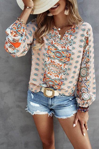 V Neck Graphic Pattern Notched Neck Blouse - Shop Style & More | Fresh Looks, Everyday Deals & Free Shipping