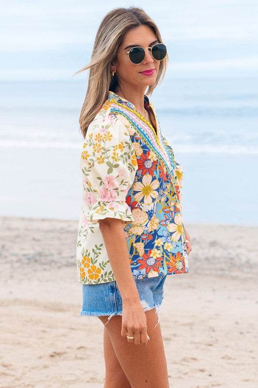 Crochet V Neck Half Sleeve Boho Floral Blouse - Shop Style & More | Fresh Looks, Everyday Deals & Free Shipping