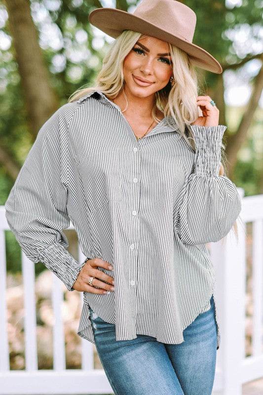 Smocked Cuffed Striped Boyfriend Shirt with Pocket - Shop Style & More | Fresh Looks, Everyday Deals & Free Shipping