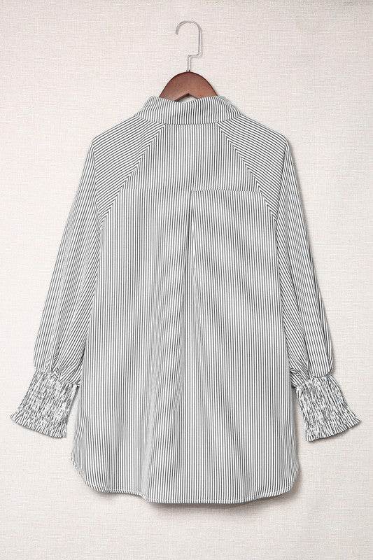 Smocked Cuffed Striped Boyfriend Shirt with Pocket - Shop Style & More | Fresh Looks, Everyday Deals & Free Shipping