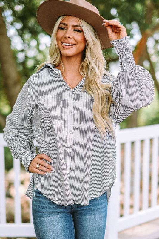 Smocked Cuffed Striped Boyfriend Shirt with Pocket - Shop Style & More | Fresh Looks, Everyday Deals & Free Shipping