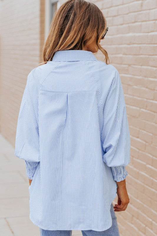 Smocked Cuffed Striped Boyfriend Shirt with Pocket - Shop Style & More | Fresh Looks, Everyday Deals & Free Shipping