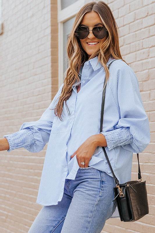 Smocked Cuffed Striped Boyfriend Shirt with Pocket - Shop Style & More | Fresh Looks, Everyday Deals & Free Shipping
