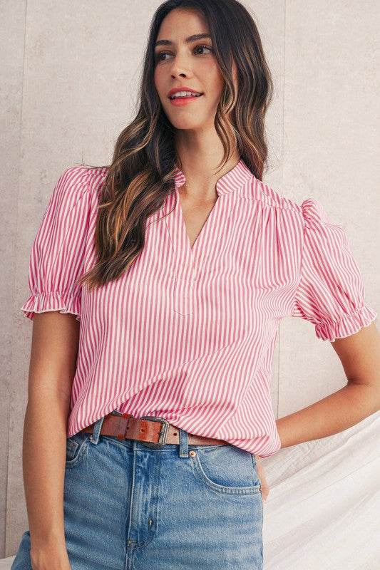 Pink Striped V Neck Puff Sleeve Blouse - Shop Style & More | Fresh Looks, Everyday Deals & Free Shipping