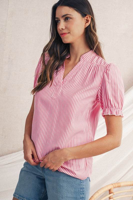 Pink Striped V Neck Puff Sleeve Blouse - Shop Style & More | Fresh Looks, Everyday Deals & Free Shipping