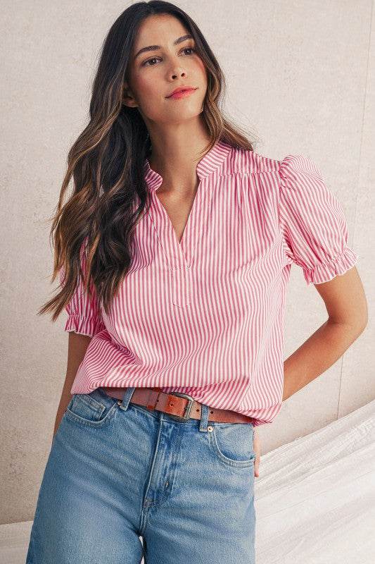 Pink Striped V Neck Puff Sleeve Blouse - Shop Style & More | Fresh Looks, Everyday Deals & Free Shipping