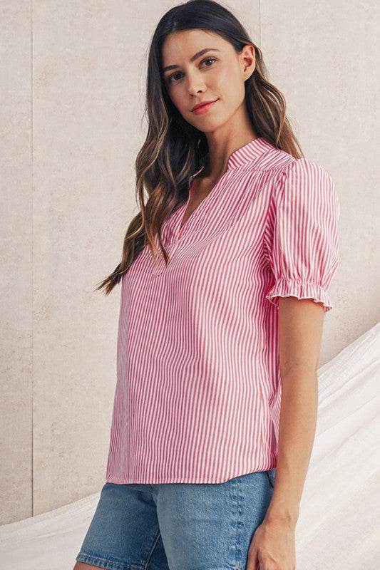 Pink Striped V Neck Puff Sleeve Blouse - Shop Style & More | Fresh Looks, Everyday Deals & Free Shipping