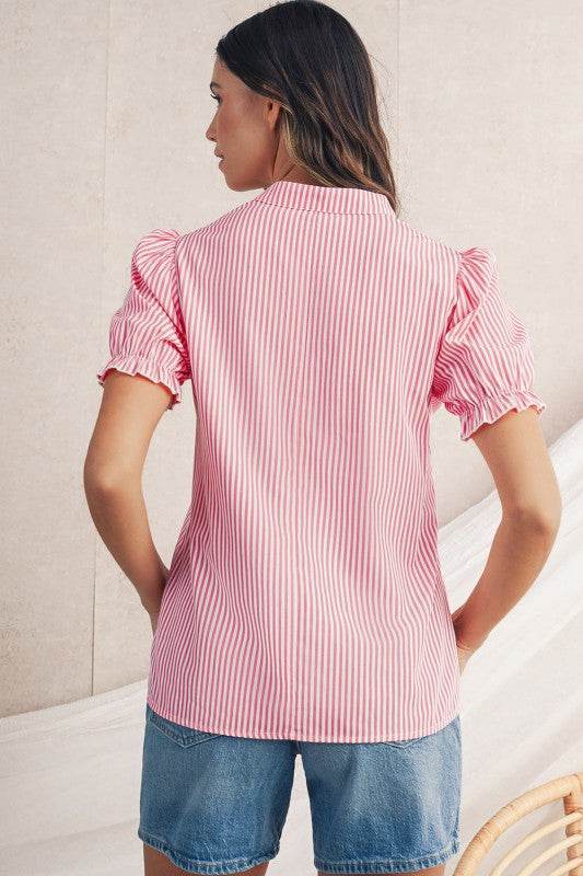 Pink Striped V Neck Puff Sleeve Blouse - Shop Style & More | Fresh Looks, Everyday Deals & Free Shipping