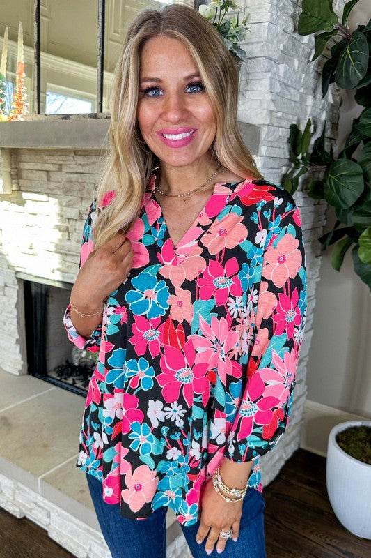 Pink Floral V Neck Roll Tab Sleeve Blouse - Shop Style & More | Fresh Looks, Everyday Deals & Free Shipping