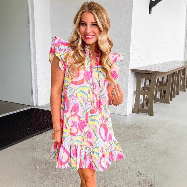 Floral Ruffle Trim Flutter Sleeve Buttoned Dress - Shop Style & More | Fresh Looks, Everyday Deals & Free Shipping