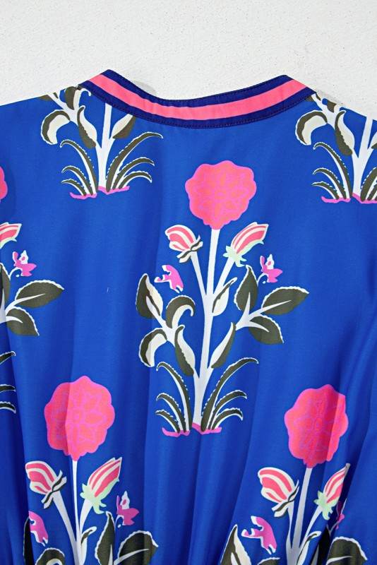 Blue Floral Ruffle Hem Pop of Color Neckline Dress - Shop Style & More | Fresh Looks, Everyday Deals & Free Shipping