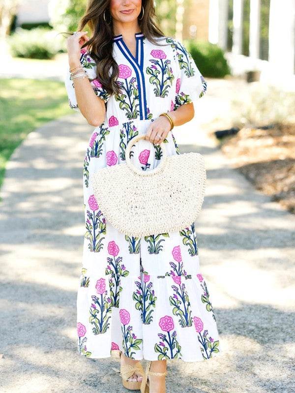 Blue Floral Ruffle Hem Pop of Color Neckline Dress - Shop Style & More | Fresh Looks, Everyday Deals & Free Shipping