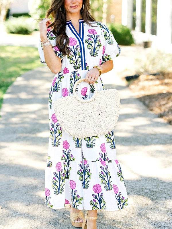 Blue Floral Ruffle Hem Pop of Color Neckline Dress - Shop Style & More | Fresh Looks, Everyday Deals & Free Shipping