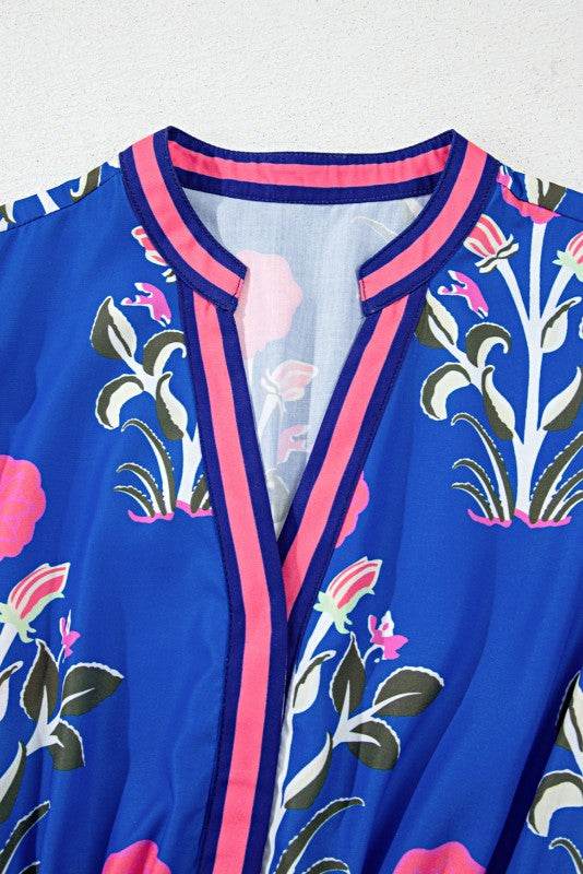Blue Floral Ruffle Hem Pop of Color Neckline Dress - Shop Style & More | Fresh Looks, Everyday Deals & Free Shipping