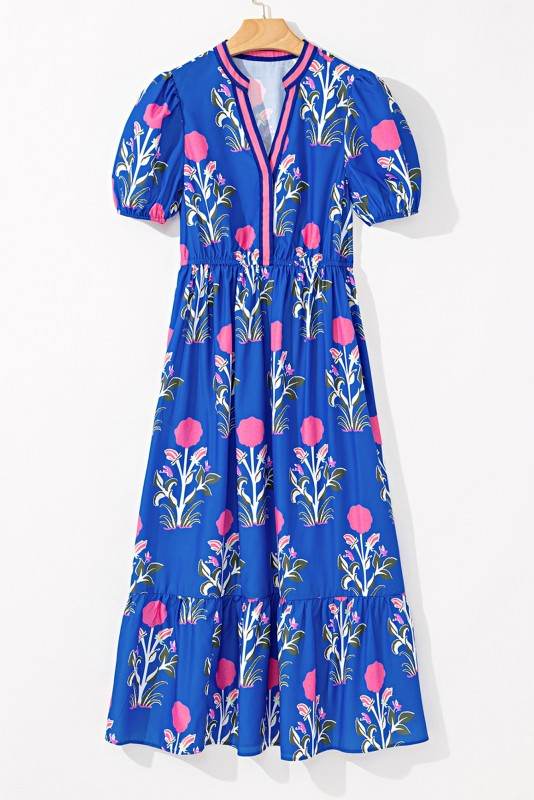 Blue Floral Ruffle Hem Pop of Color Neckline Dress - Shop Style & More | Fresh Looks, Everyday Deals & Free Shipping