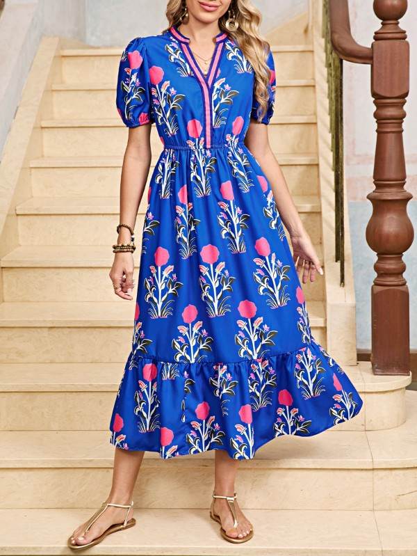 Blue Floral Ruffle Hem Pop of Color Neckline Dress - Shop Style & More | Fresh Looks, Everyday Deals & Free Shipping