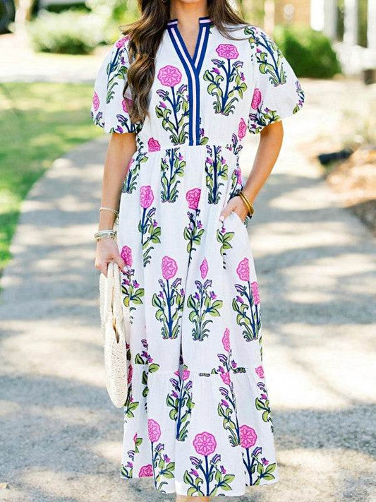 Blue Floral Ruffle Hem Pop of Color Neckline Dress - Shop Style & More | Fresh Looks, Everyday Deals & Free Shipping